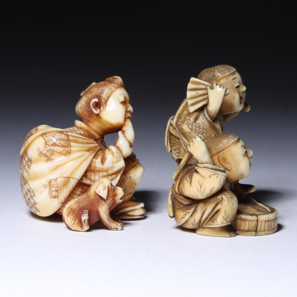 Artwork by Japanese School, Two Children Dancing And Playing Musical Instruments; A Seated Woman Eating Fruit With Puppy Dog By Her Side