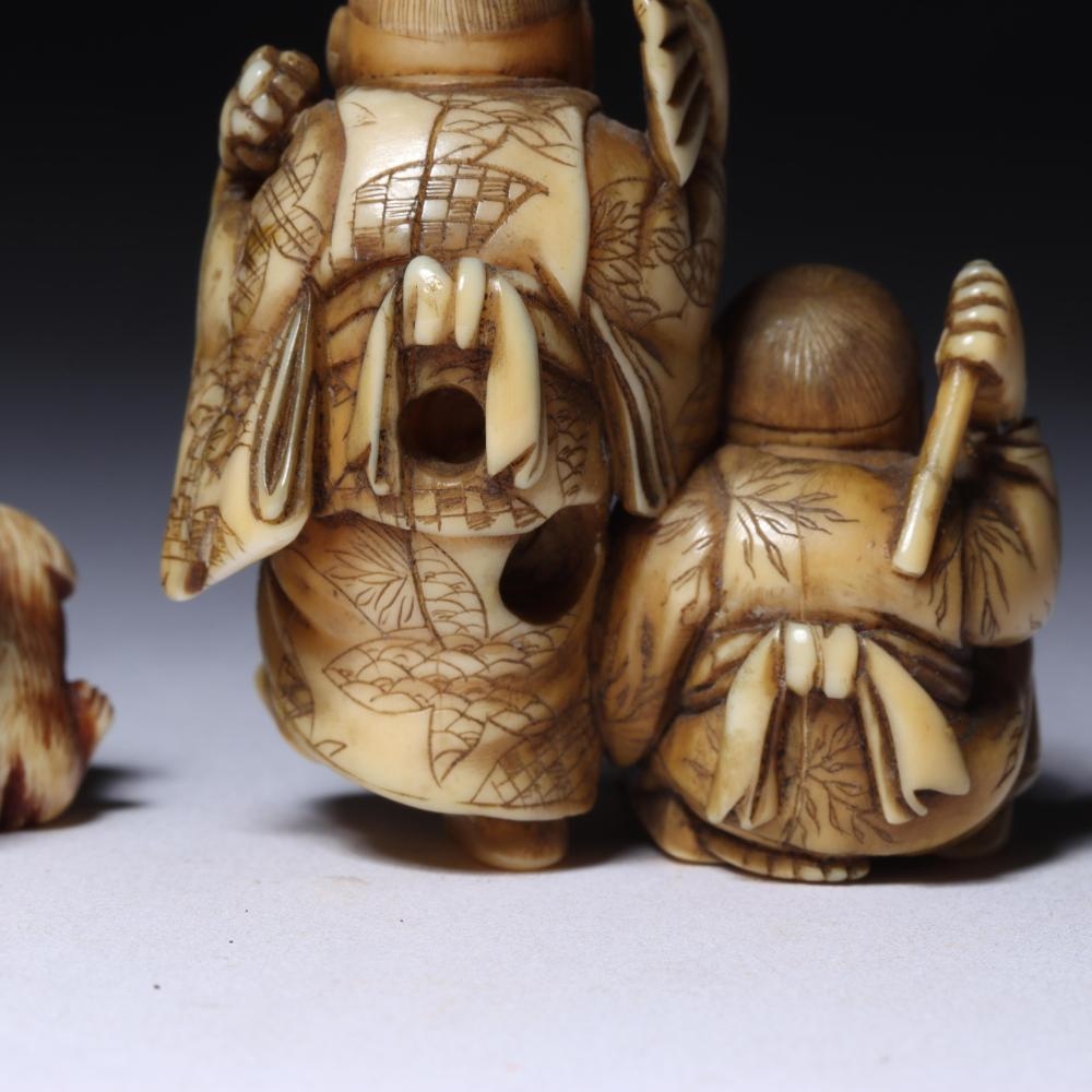 Artwork by Japanese School, Two Children Dancing And Playing Musical Instruments; A Seated Woman Eating Fruit With Puppy Dog By Her Side