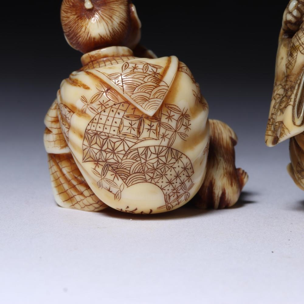 Artwork by Japanese School, Two Children Dancing And Playing Musical Instruments; A Seated Woman Eating Fruit With Puppy Dog By Her Side