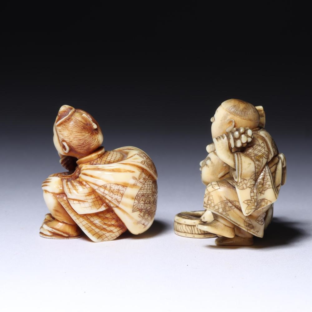 Artwork by Japanese School, Two Children Dancing And Playing Musical Instruments; A Seated Woman Eating Fruit With Puppy Dog By Her Side