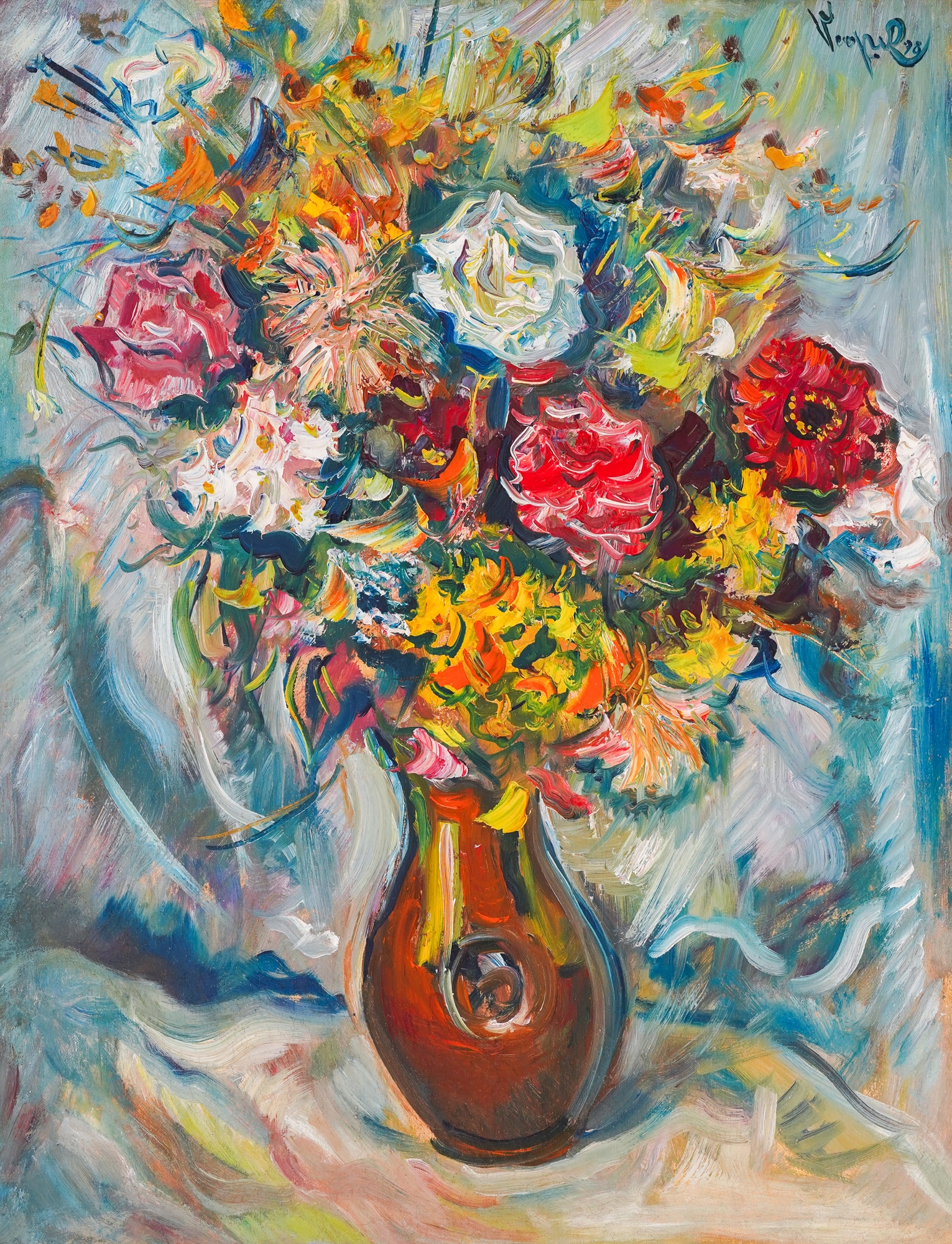 Artwork by Georgi Kyoseiliev, Jug with spring flowers [1998], Made of oil on canvas