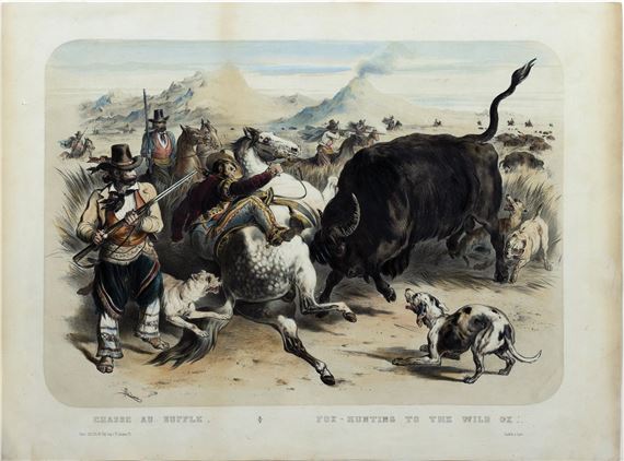 Victor Adam Lithograph of a Buffalo Hunt by Victor Adam, circa 1850