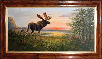 F. M. Hoyer Oil on Canvas, Moose in a Sunset Landscape - F.M. Hoyer