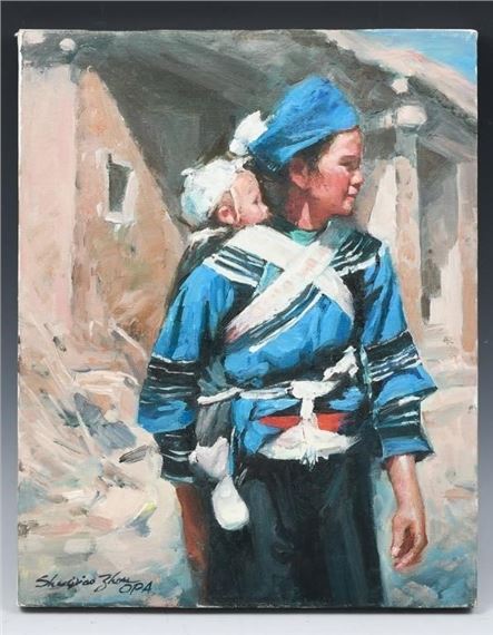 Mother Carrying Child in a Backpack in a Village Landscape - Shu Qiao Zhou