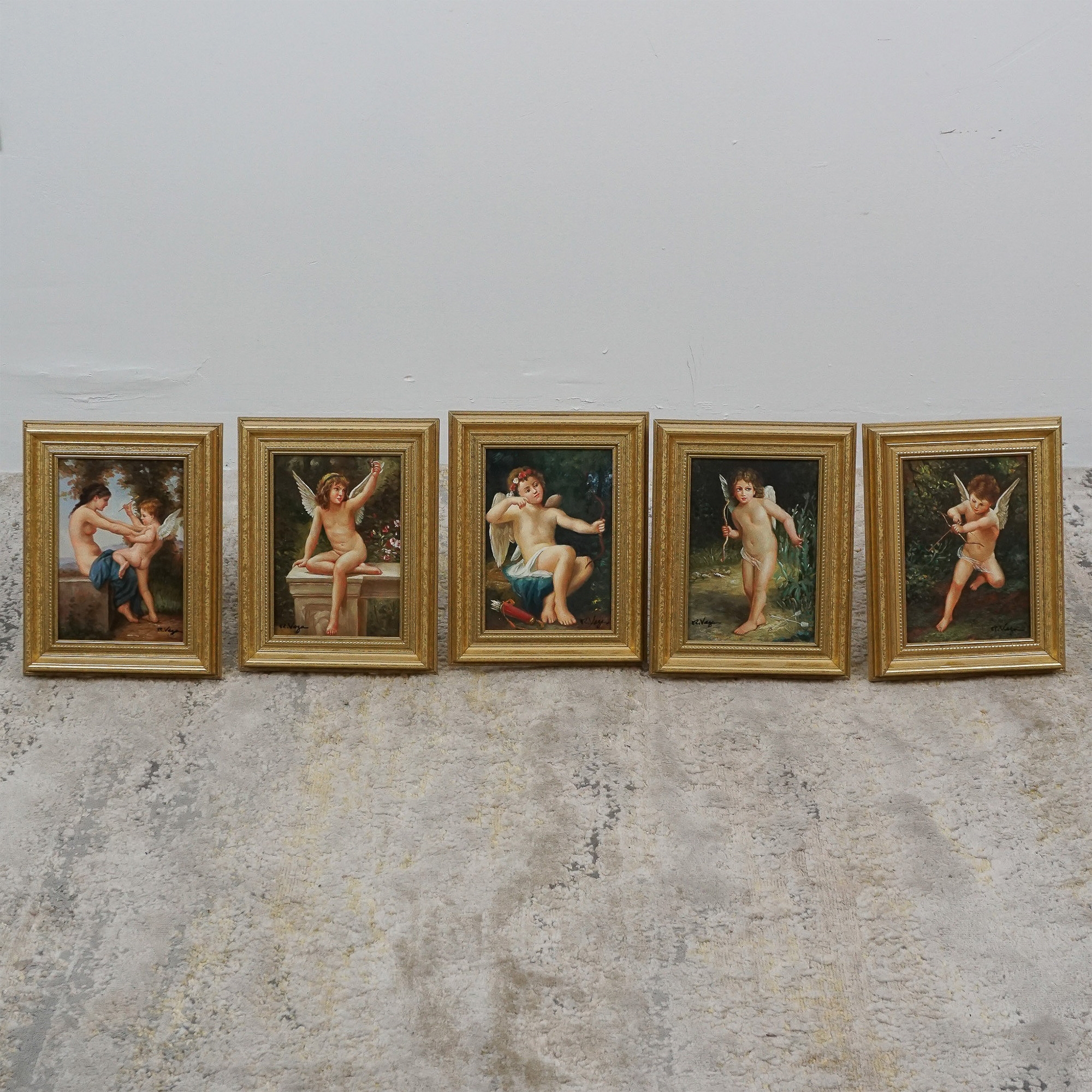 Artwork by R. Vega, Cherubs in various charming poses within idyllic natural settings, Made of oil paintings