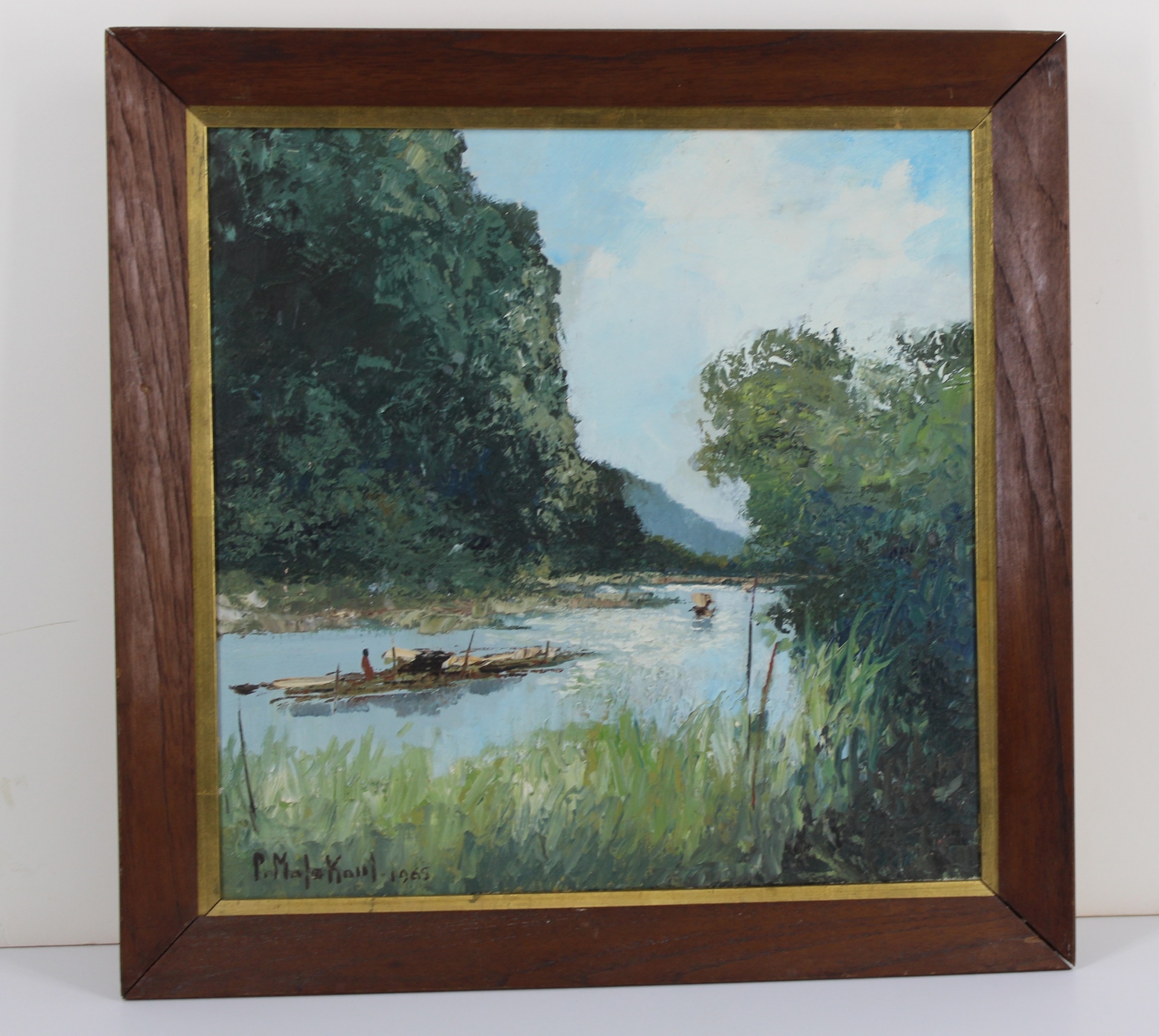 Artwork by M.L. Poum Malakoul, Oil on canvas of a Thai river scene with boat, Made of Oil on canvas