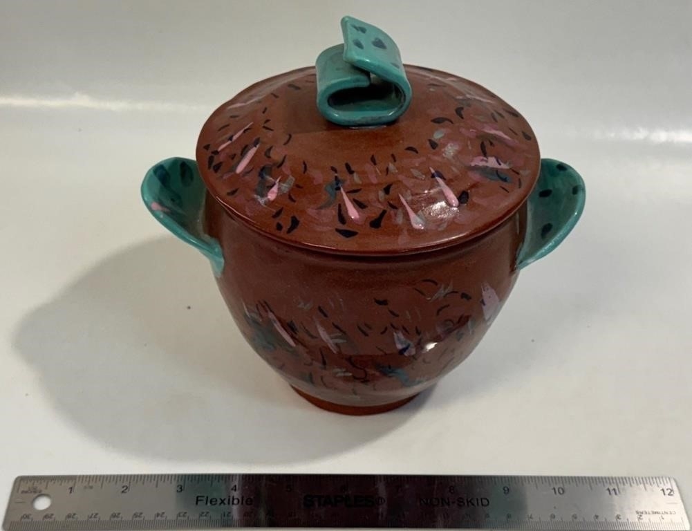 Artwork by Susan Lavenstein, UNIQUE SUSAN LEVENSTEIN SIGNED POTTERY LIDDED BOWL, Made of POTTERY