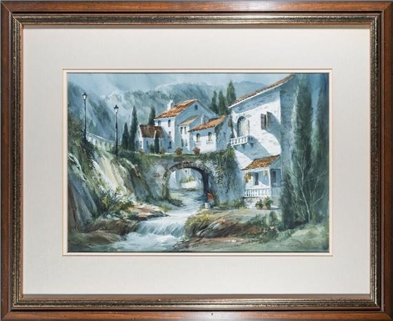 GEORGE BJORKLAND 'VILLAGE SCENE' WATERCOLOUR by George Bjorkland