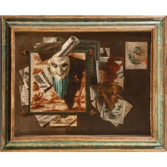 ATRIBUIDO A LUIGI DESIO (activo en Nápoles a Mediados del XVIII) Trampantojo con madrigales, partituras, estampas y máscar - Luigi Desio