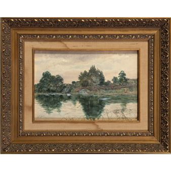 CASIMIRO SAINZ (Matamorosa 1853-Madrid 1898) Rivera con cisnes Acuarela sobre papel Firmado con sello de testamentar - Casimiro Sainz y Sainz