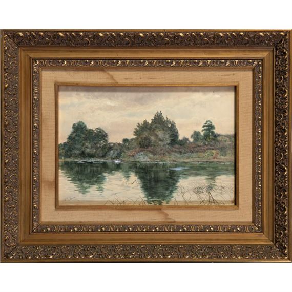 CASIMIRO SAINZ (Matamorosa 1853-Madrid 1898) Rivera con cisnes Acuarela sobre papel Firmado con sello de testamentar - Casimiro Sainz y Sainz