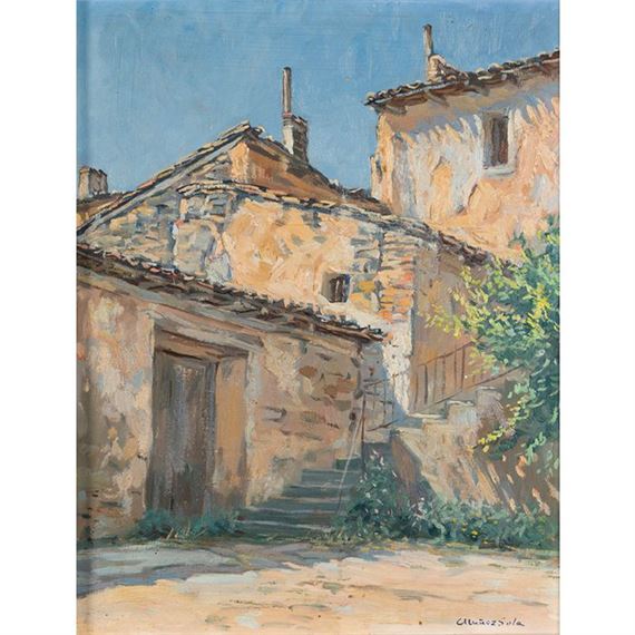 CÉSAR MUÑOZ SOLA (Tudela 1921-2000) Pueblo Óleo sobre tabla Firmado Medidas: 34 x 25,5 cm by César Muñoz Sola
