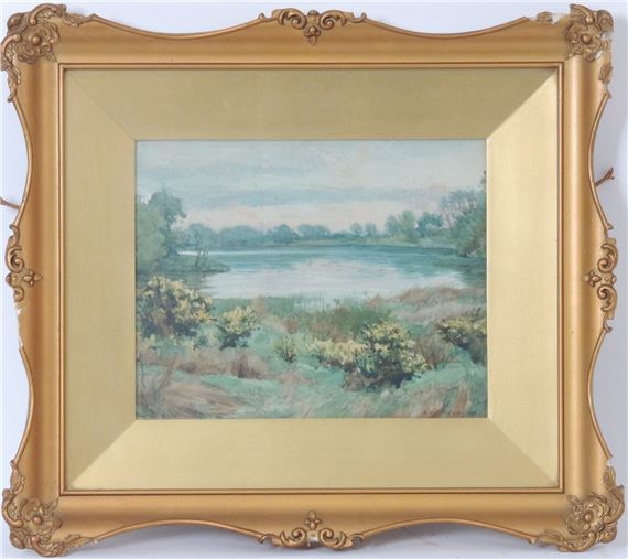 Yellow gorse at a lake side by Alfred Heaton Cooper, dated 1889