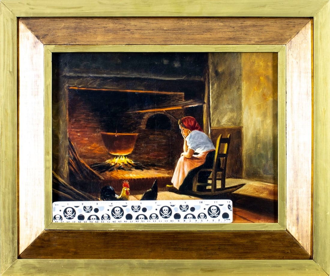 Artwork by R Valdemar, Woman by the Fireplace, Made of oil on canvas