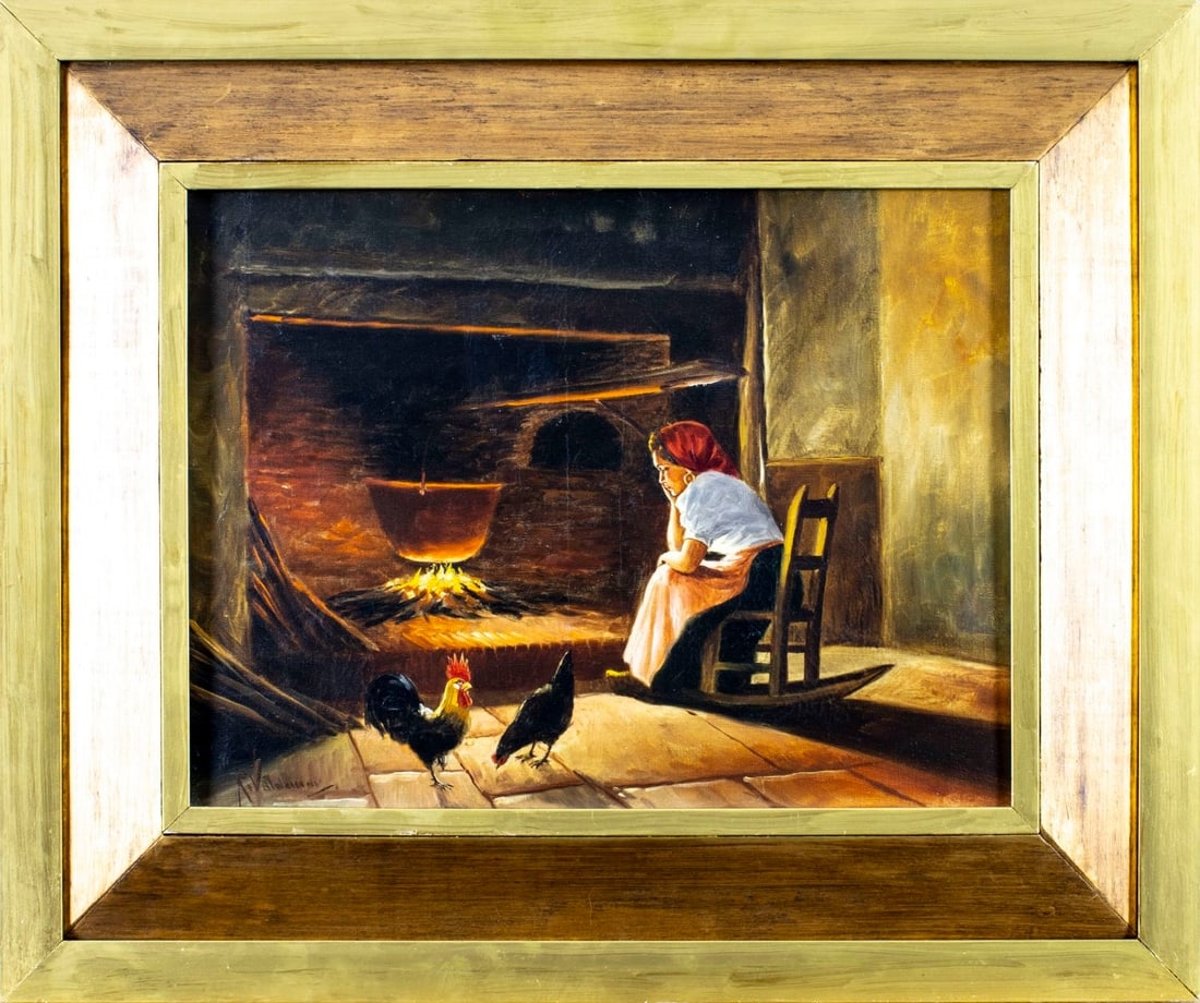 Artwork by R Valdemar, Woman by the Fireplace, Made of oil on canvas