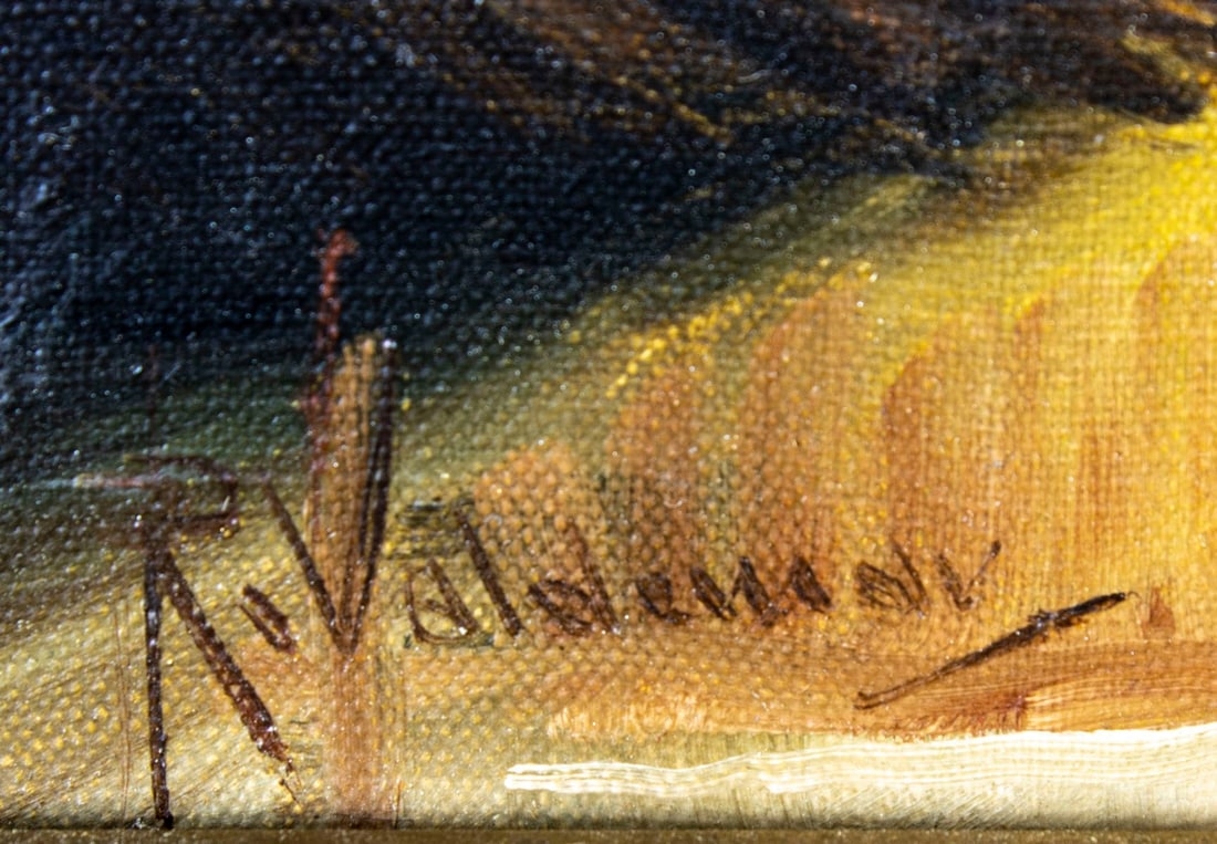 Artwork by R Valdemar, Woman by the Fireplace, Made of oil on canvas