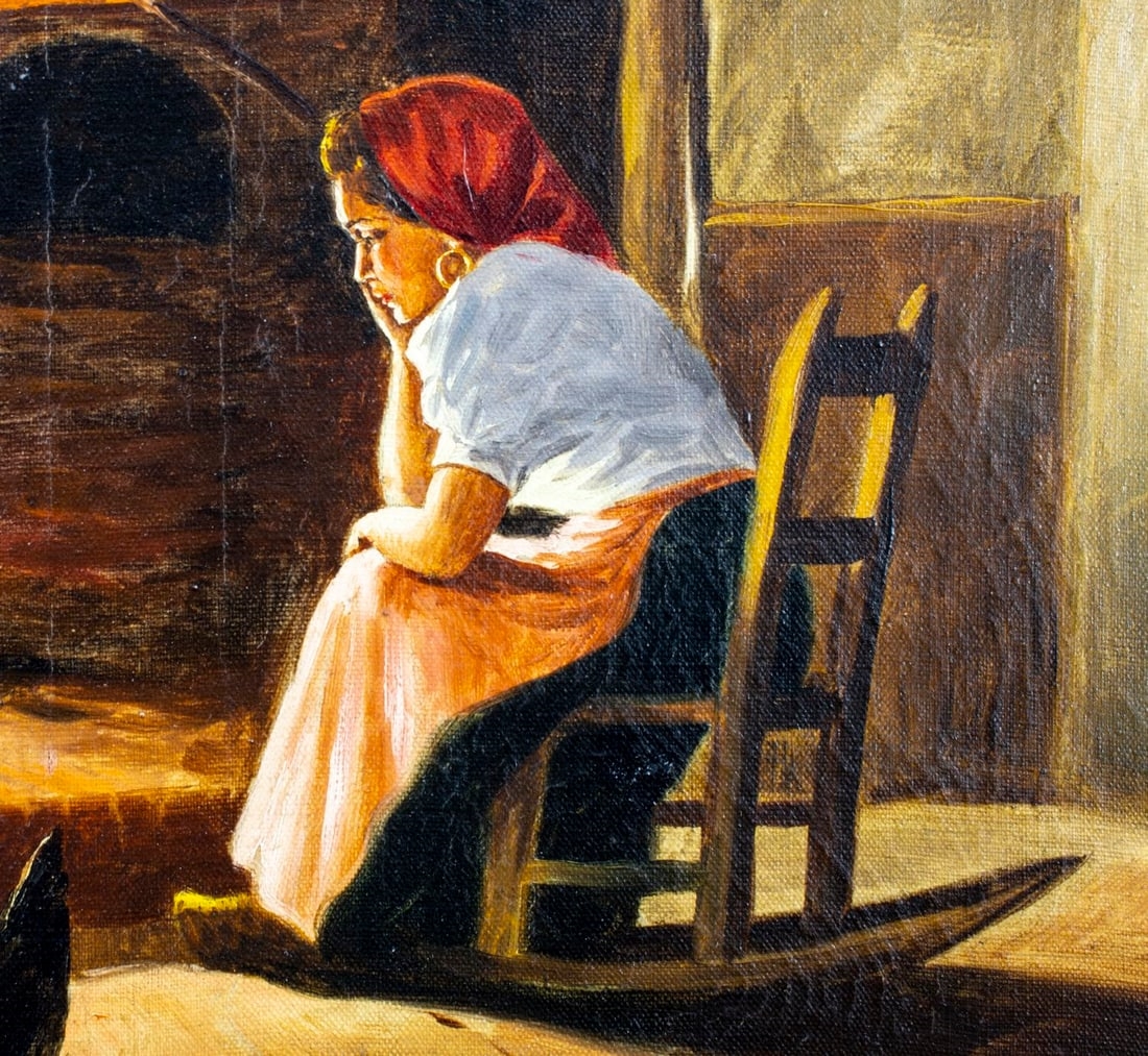 Artwork by R Valdemar, Woman by the Fireplace, Made of oil on canvas