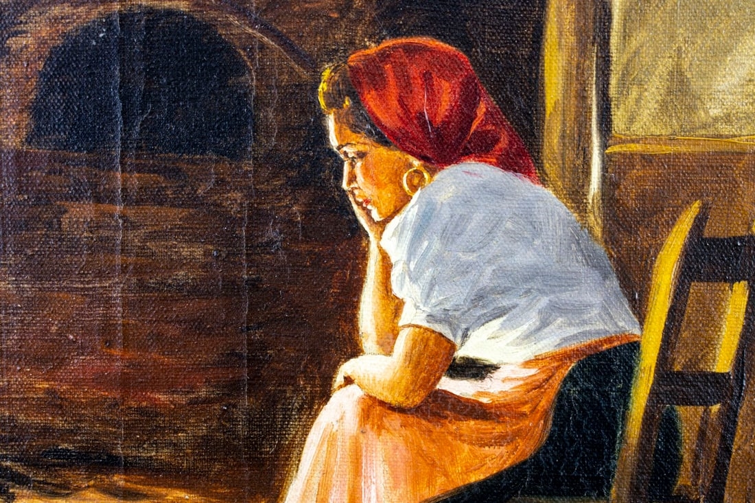 Artwork by R Valdemar, Woman by the Fireplace, Made of oil on canvas