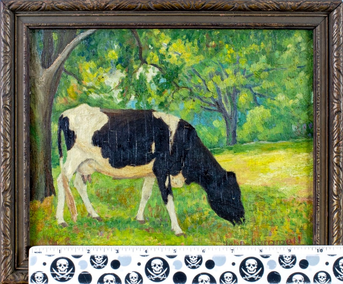 Artwork by John Rummell, A Young Holstein Cow (titled on verso, Made of oil on board