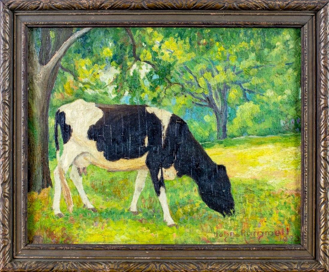 Artwork by John Rummell, A Young Holstein Cow (titled on verso, Made of oil on board