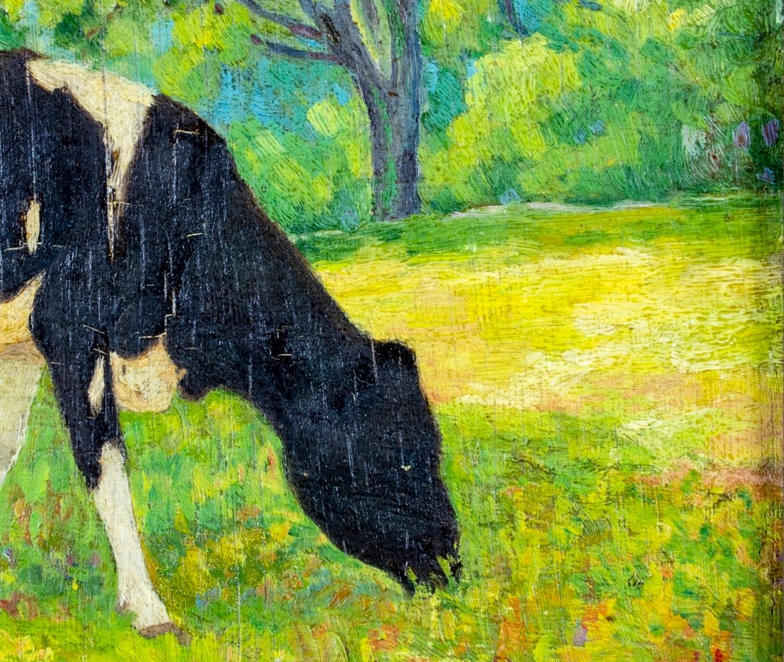 Artwork by John Rummell, A Young Holstein Cow (titled on verso, Made of oil on board