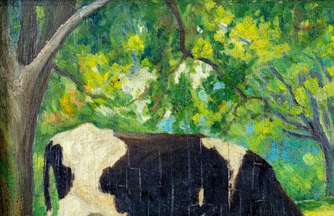 Artwork by John Rummell, A Young Holstein Cow (titled on verso, Made of oil on board