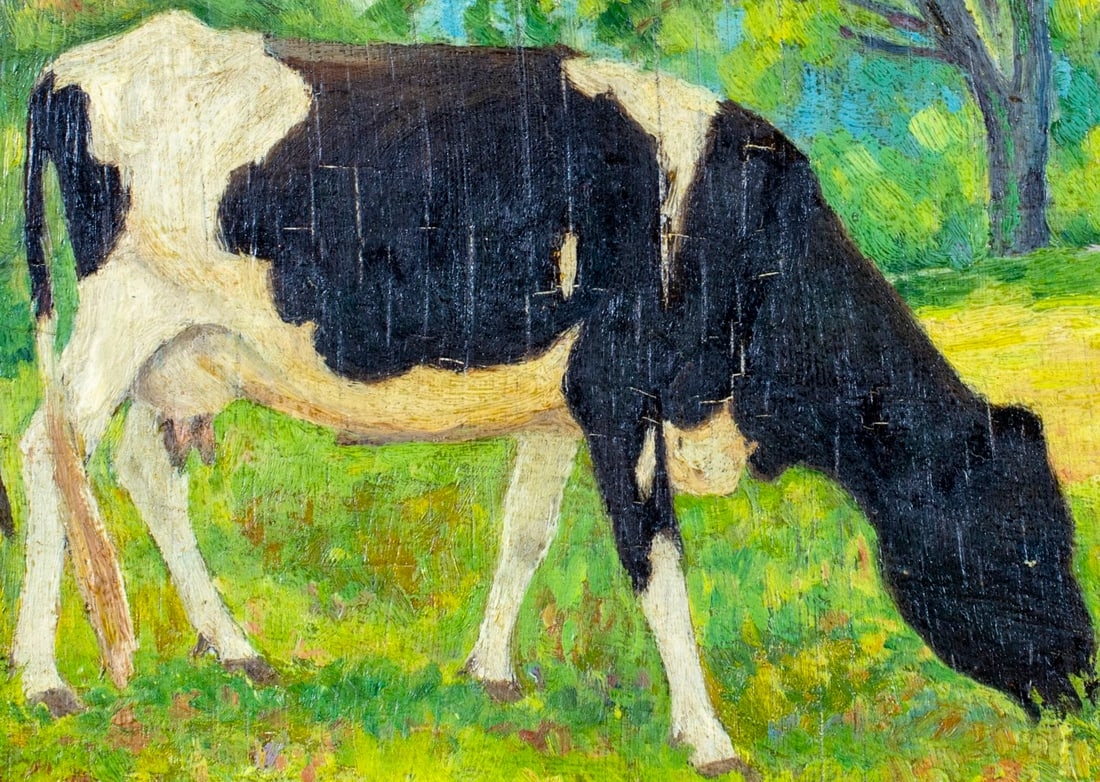 Artwork by John Rummell, A Young Holstein Cow (titled on verso, Made of oil on board