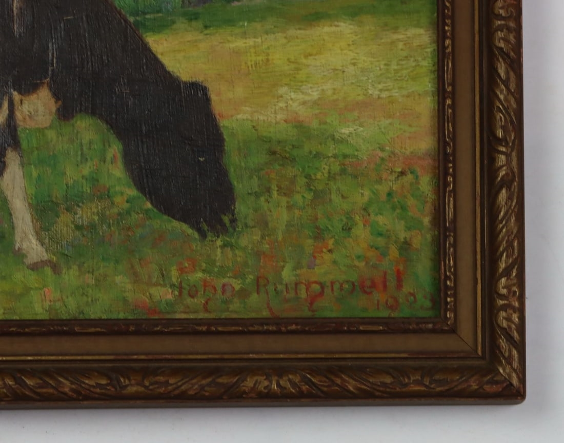 Artwork by John Rummell, A Young Holstein Cow (titled on verso, Made of oil on board
