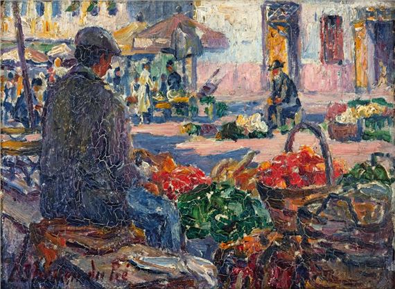 A vibrant market scene rendered in thick, textured brushstrokes with a focus on the back of a seated figure.