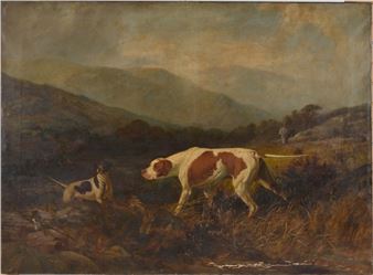 George Earl. English. Large mountainous landscape sporting scene painting with 2 hunting dogs in the foreground and hunter in the background. Oil on canvas. Unframed. From the property of William Lort Esquire. Mr. Lor - George Earl