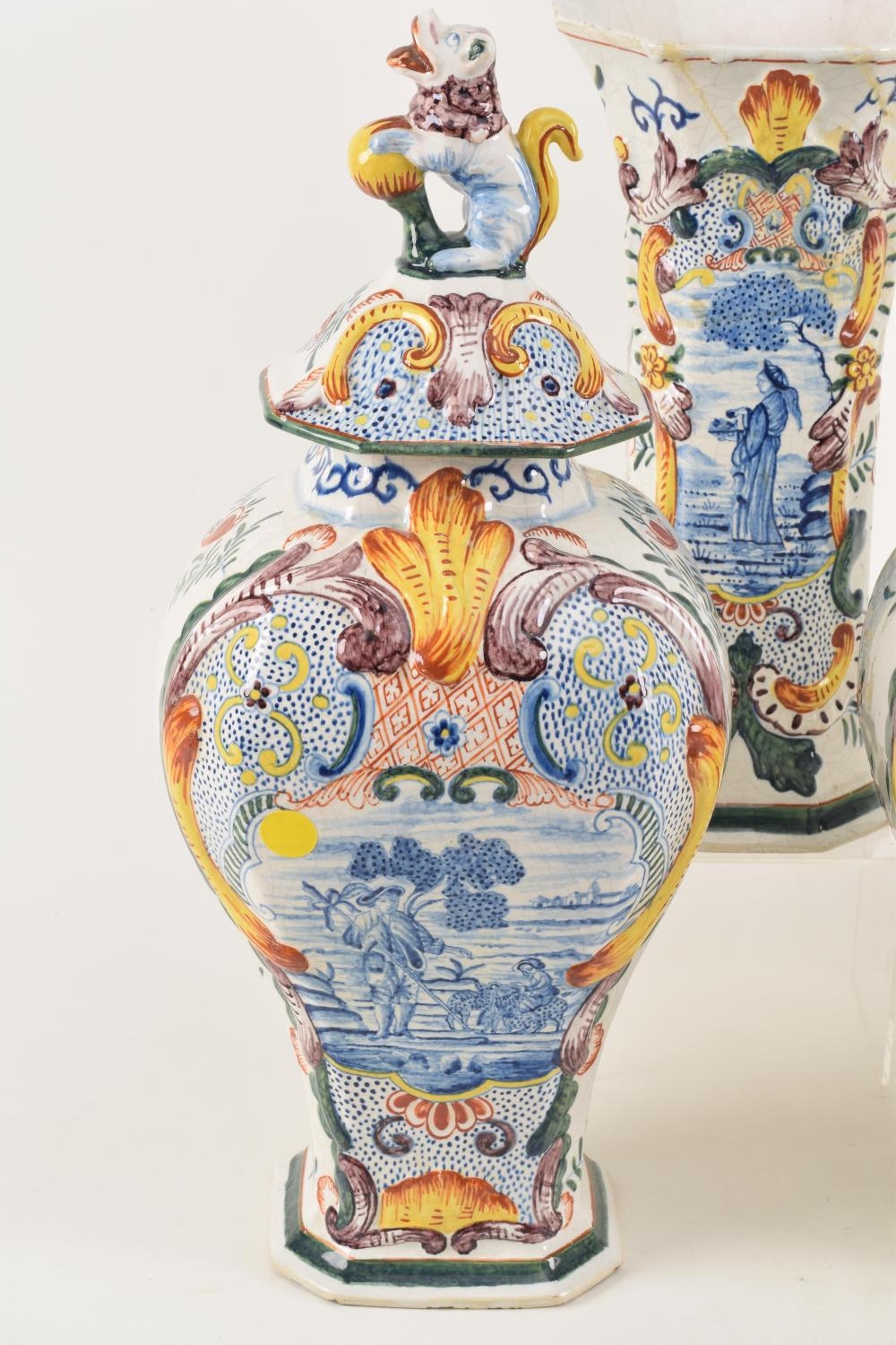 Delft | 18th century 5-piece Delft pottery polychrome decorated ...