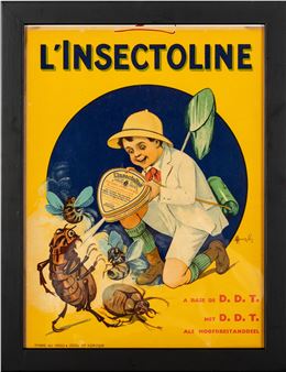 A vintage advertisement featuring a child in an explorer outfit surrounded by insects.