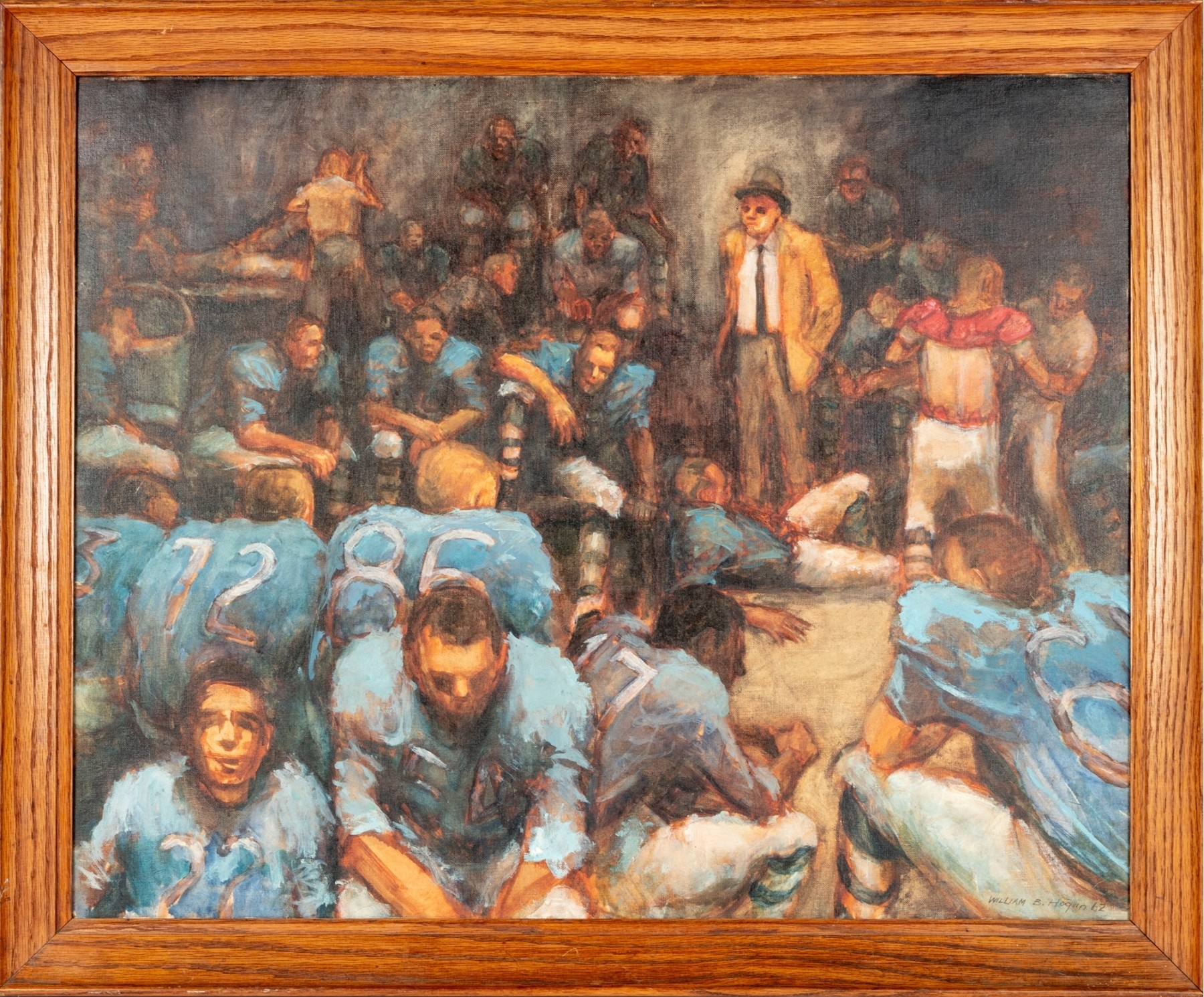 Artwork by William Hogan, New York Giants superbowl while a coach in yellow stands to the right side, Made of oil on canvas panel