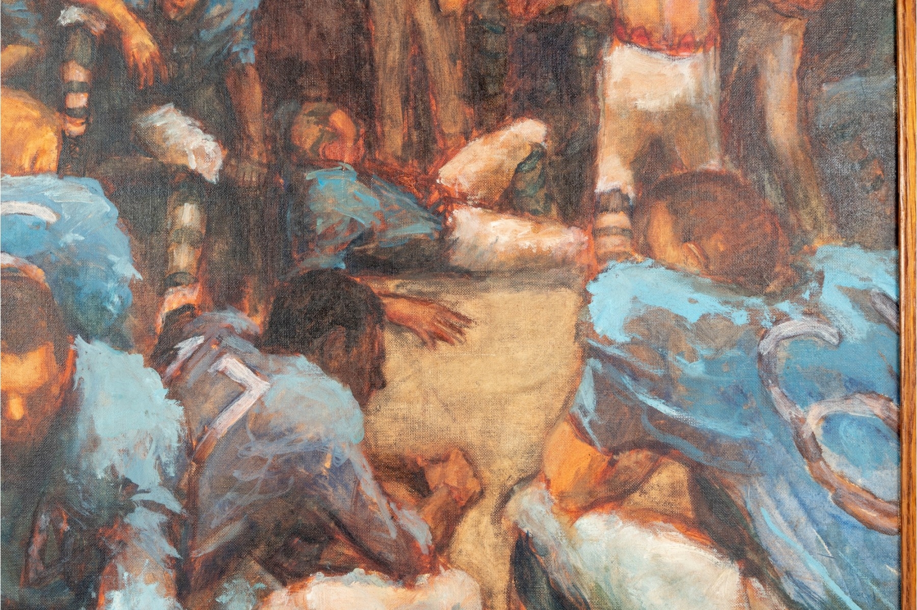 Artwork by William Hogan, New York Giants superbowl while a coach in yellow stands to the right side, Made of oil on canvas panel