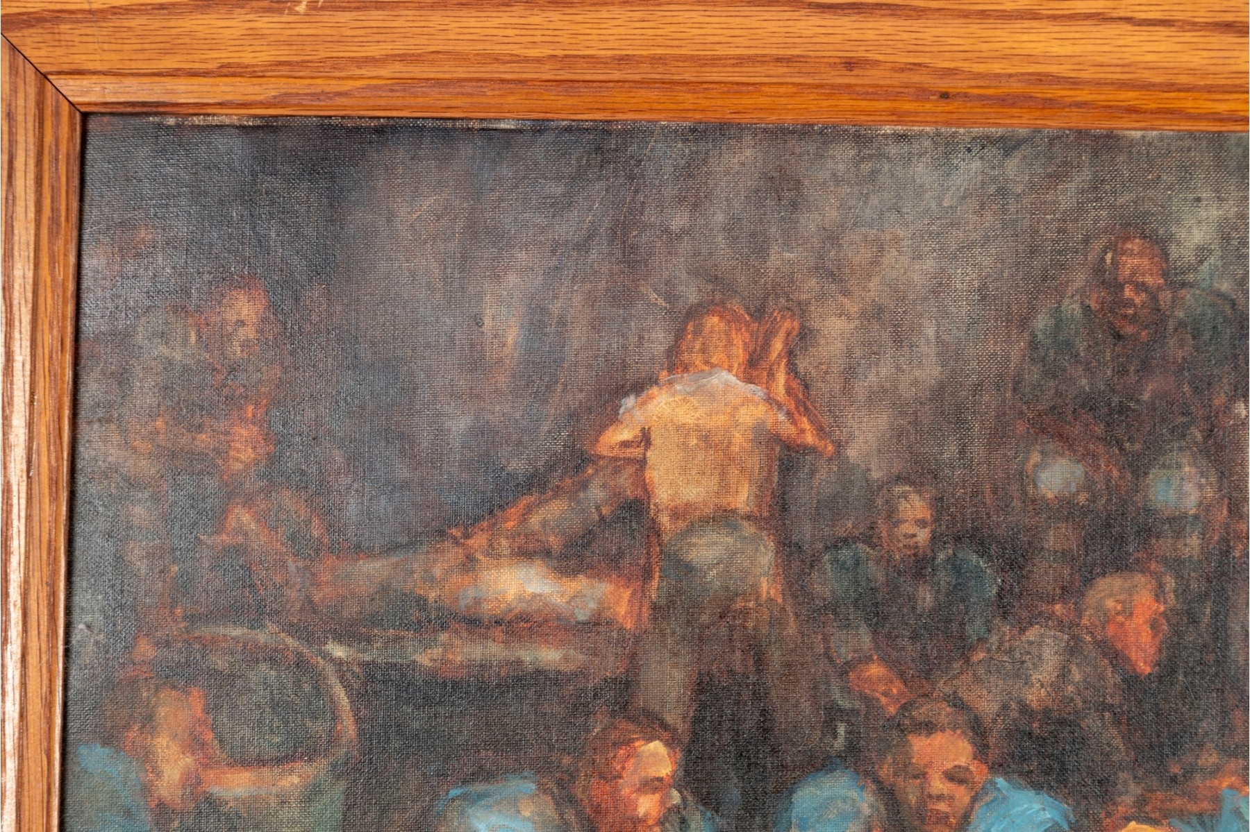 Artwork by William Hogan, New York Giants superbowl while a coach in yellow stands to the right side, Made of oil on canvas panel