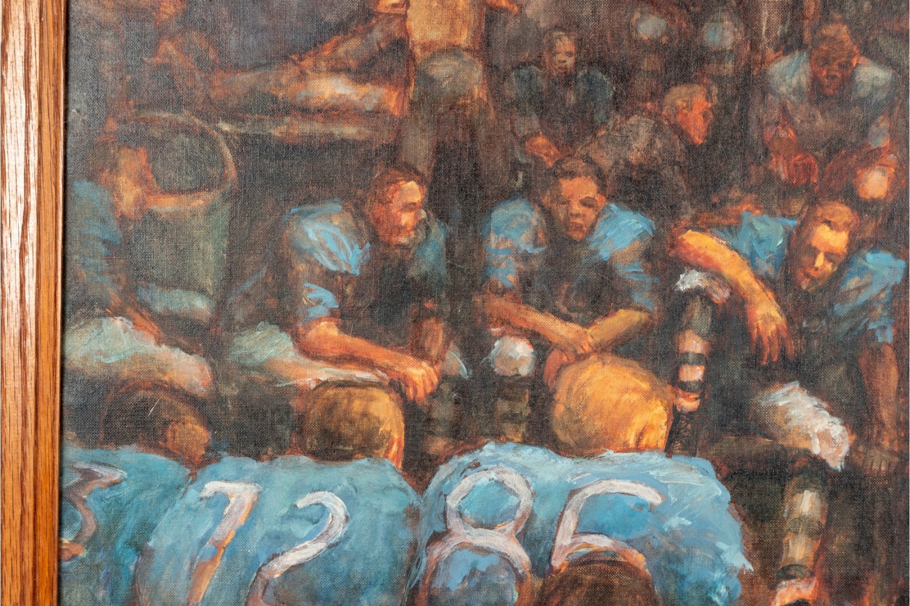 Artwork by William Hogan, New York Giants superbowl while a coach in yellow stands to the right side, Made of oil on canvas panel