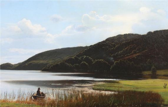 Scenery from a lake with a man fishing from a boat by Harald Frederik Foss, Sept. 1902