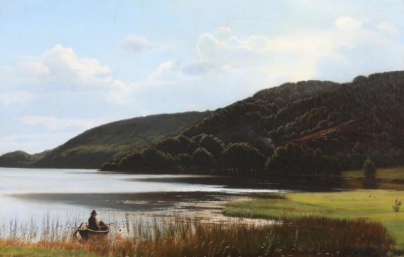 Artwork by Harald Frederik Foss, Scenery from a lake with a man fishing from a boat, Made of Oil on canvas