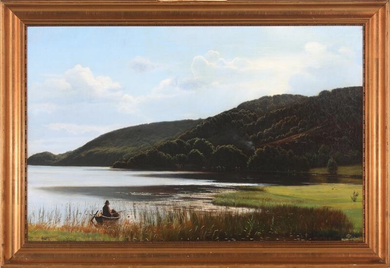 Artwork by Harald Frederik Foss, Scenery from a lake with a man fishing from a boat, Made of Oil on canvas