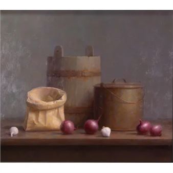 Stilleven met uien, knoflook en karnton - Peer Verrijt