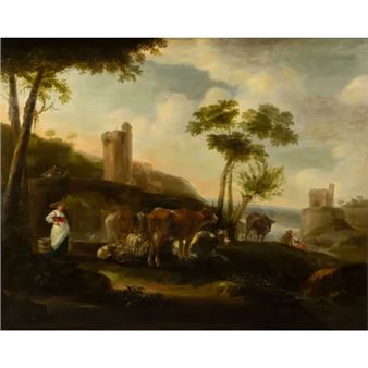 Boerin met vee in landschap - Jacob Gerritsz van Bemmel