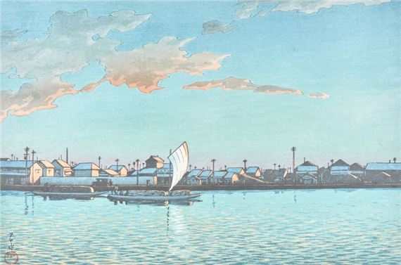 Oban yoko-e print, seashore at Hamachogachi by Hasui Kawase