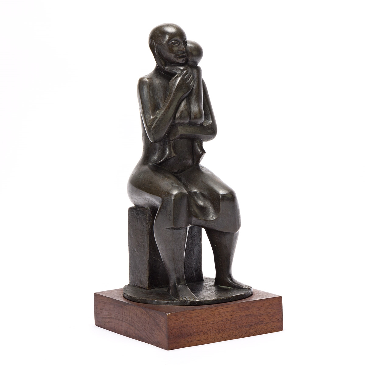 Artwork by Elizabeth Catlett, Mother and Child, Made of bronze with a brown patina, mounted