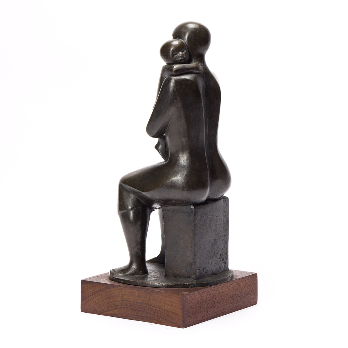 Artwork by Elizabeth Catlett, Mother and Child, Made of bronze with a brown patina, mounted