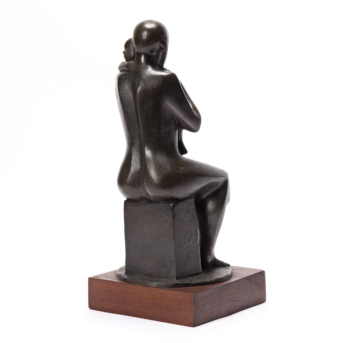 Artwork by Elizabeth Catlett, Mother and Child, Made of bronze with a brown patina, mounted