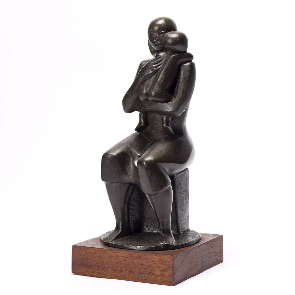 Artwork by Elizabeth Catlett, Mother and Child, Made of bronze with a brown patina, mounted