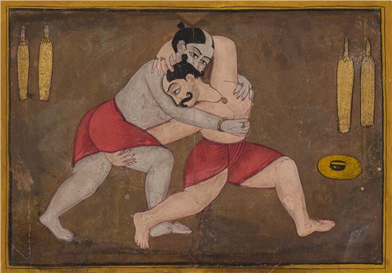AN INDIAN MINIATURE PAINTING DEPICTING TWO WRESTLERS (PEHLWAN), 18TH