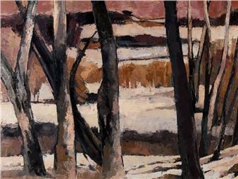 A winter landscape painting featuring dark tree trunks against a snowy background.