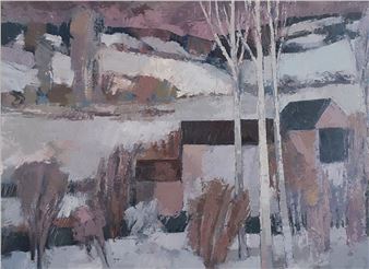 A muted winter landscape painting featuring a snowy scene with bare trees and distant hills.