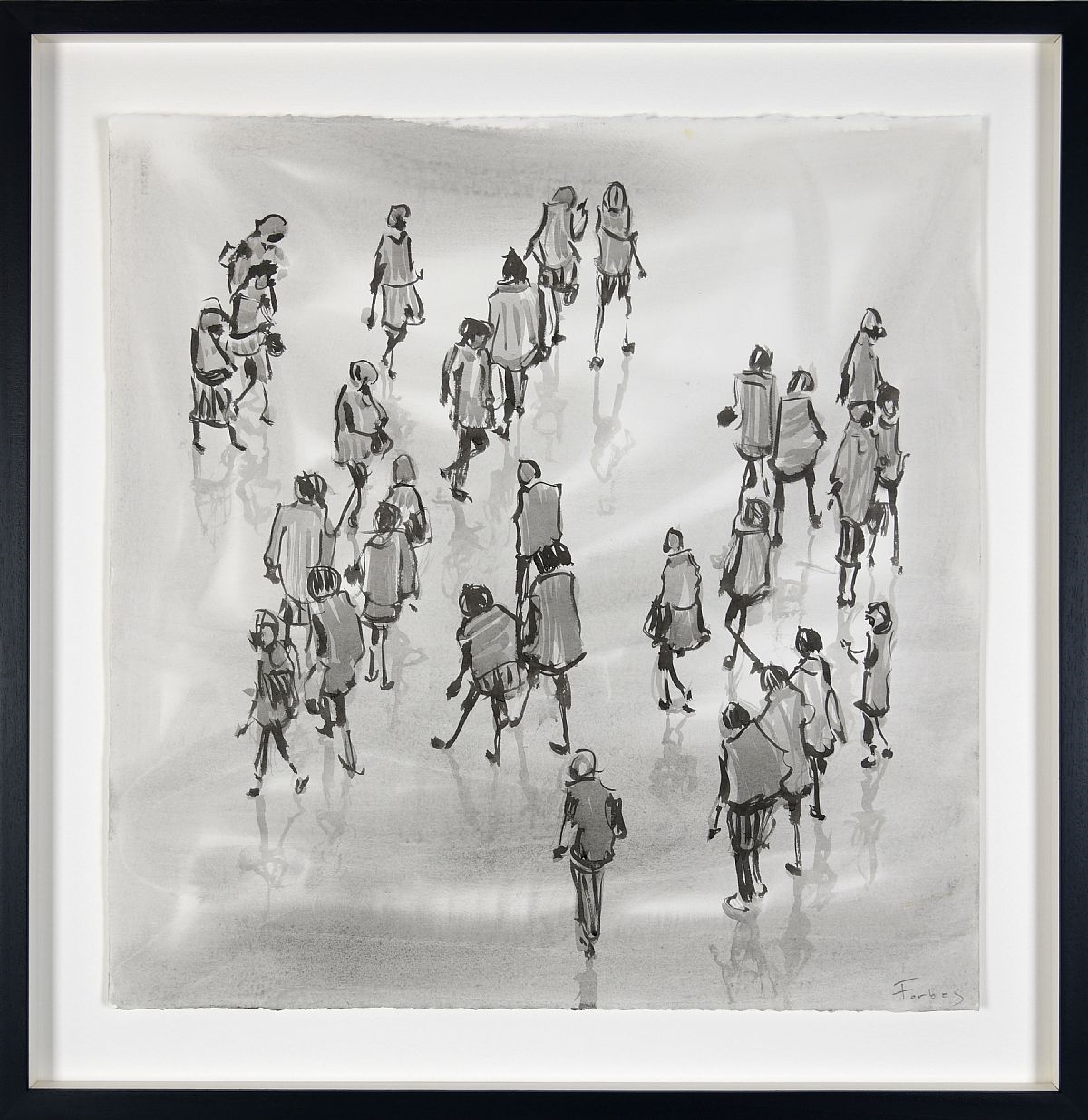 A monochromatic sketch of a crowd of figures walking in a reflective space.
